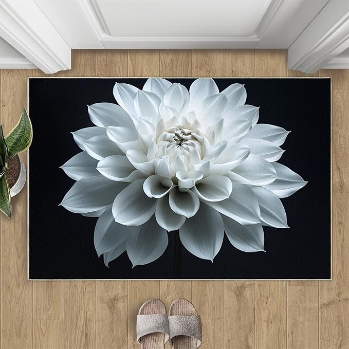Petals Washable Area Rugs 4x6 Non-Slip Dahlia Living Room Rug White Flower Soft for Carpet Low Pile Indoor Door Mat & Room Decor