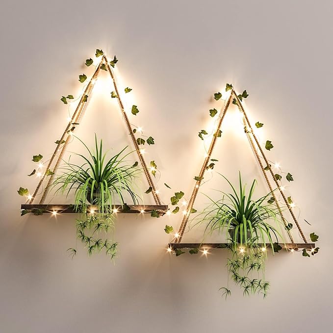 RICHER HOUSE Artificial Ivy LED-Strip Wall Hanging Shelves Set of 2, Macrame Shelf No Drilling for Bedroom Living Room Kitchen, Wood Hanging Plant Shelves for Wall Décor, Christmas Decorations
