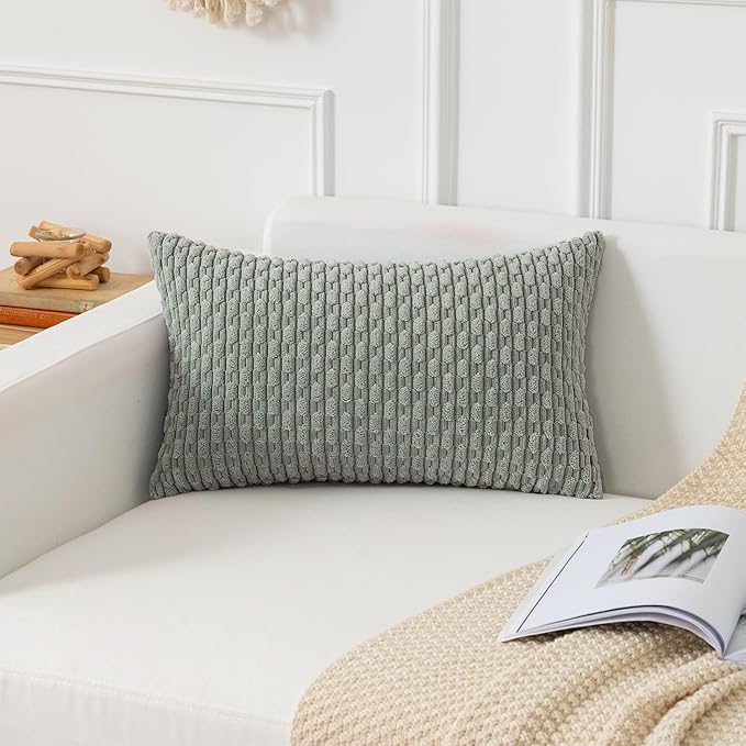 Kevin Textile Throw Pillow Covers Soft Corduroy Decorative Set of 2 Boho Striped Pillow Covers Pillowcases Farmhouse Home Decor for Couch Bed Sofa Living Room 12x20 Inch Greyish Green