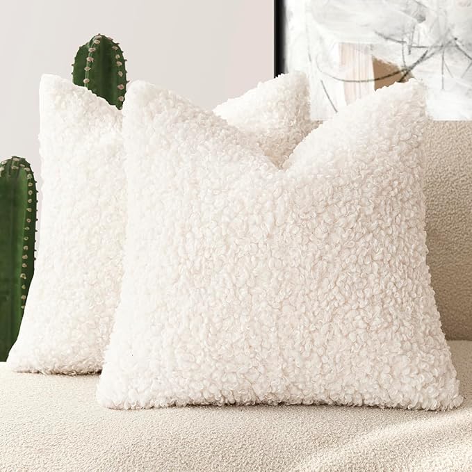 Foindtower 2 Pieces 24x24 Inch White, Faux Fur Throw Pillow Cover Accent Sherpa Pillow Fuzzy Soft Pillowcases Sheepskin Decorative Fleece Cushion Case for Bed Couch Living Room