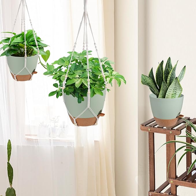 41.5 Inch Macrame Plant Hanger Indoor Outdoor with 12 Inch Flower Pot, Hanging Planter for Plants Holder with Wood Beads for Boho Home Decor (Ivory+Green)