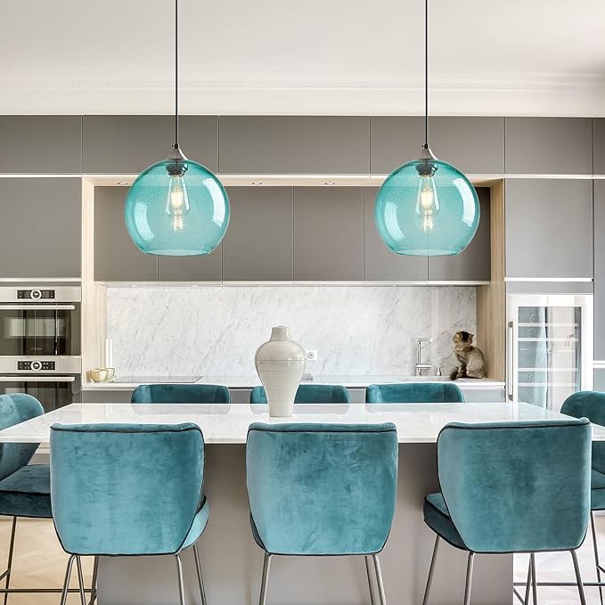 Light Blue Glass Pendant Lights Kitchen Island Globe Pendant Light Fixtures Modern Pendant Lighting for Bedroom Living Dining Room Light Fixture (9.84 in, 2 Pack)