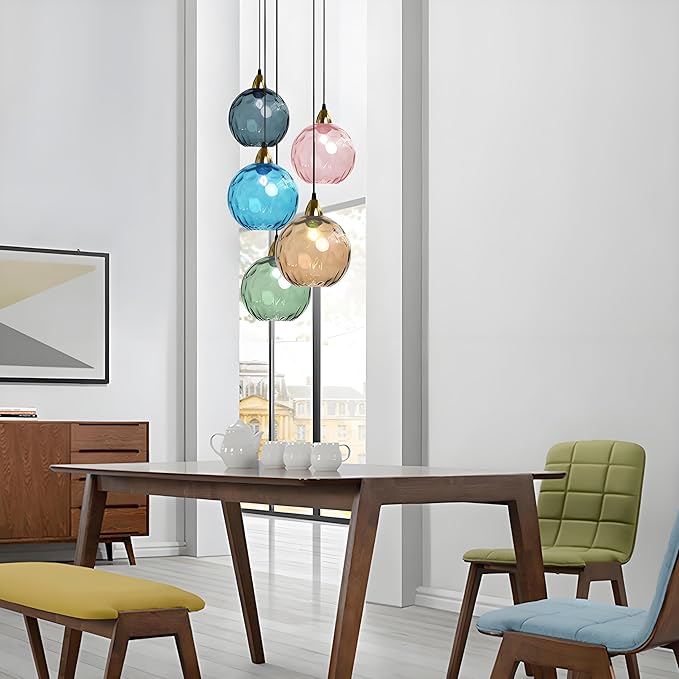 15cm/5.9’’ Industrial Vintage Spherical Glass Pendant Light, E26 Ceiling Hanging Lamp, Gold Finish & Ripple Glass Globe Shade, Dining Room Bedroom Chandelier (Pink)