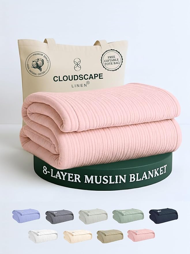 Cloud Scape Linen 8-Layer Muslin Blanket King Size for Adult - 100% Cotton, Breathable and Soft, Perfect Winter Cozy Blanket, Fits up to California King Bed, 92x108, Seashell Pink