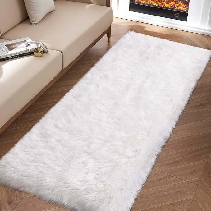White Fluffy Rug for Bedroom, 2'X6' Faux Fur Rug for Runner, Soft Shag Rug for Sofa Couch Cushion, Cozy Shaggy Fuzzy Plush Floor Carpet for Nursery, Cute Bedside Dorm Home Decor Rectangle