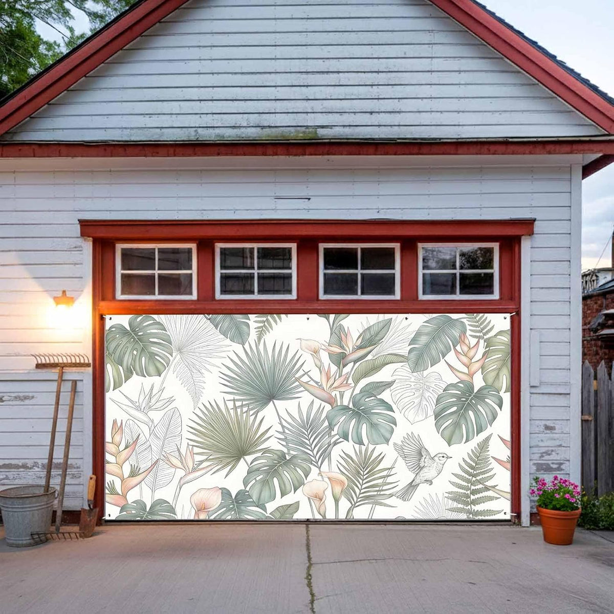 GNAKT AREWG 13x6ft Garage Door Banner Cover Tropical Monstera Bird of Paradise Garage Door Decoratons Banner for Indoor