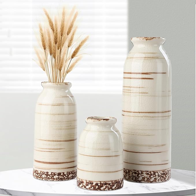 Beige Ceramic Vase Set of 3, Farmhouse Decorative Vase for Pampas Grass, Living Room, Bathroom, Bookshelf, Centerpieces Beige