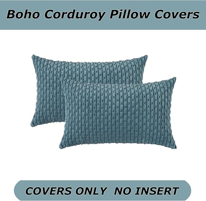 Kevin Textile Throw Pillow Covers Soft Corduroy Decorative Set of 2 Boho Striped Pillow Covers Pillowcases Farmhouse Home Decor for Couch Bed Sofa Living Room 12x20 Inch Blue Grey