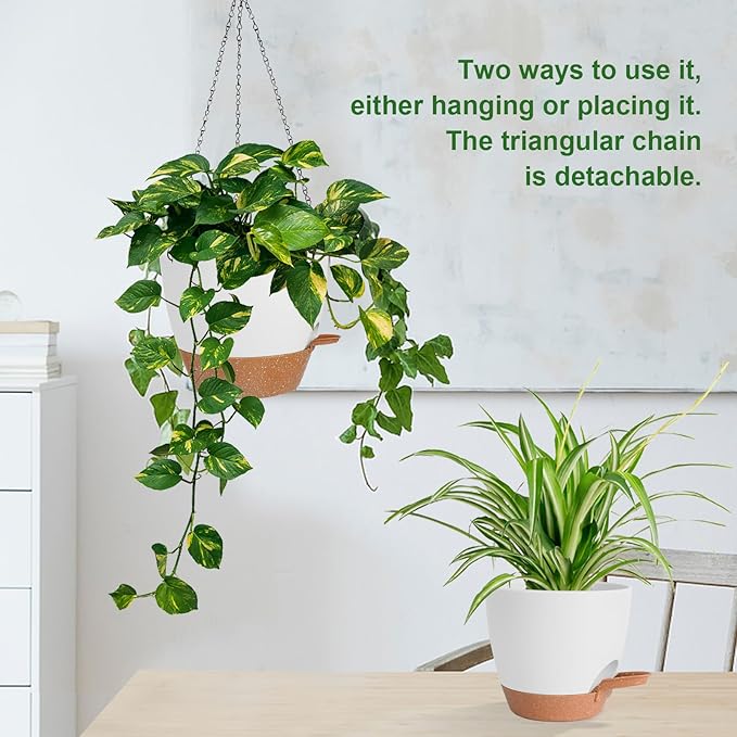 10/9/8 Inch Hanging Planter for Indoor Outdoor Plants, 3 Pack Self-Watering Hanging Pot with Drainage Holes Hanging Planter Baskets Plant Pots with Removable Tray (White+Brown)