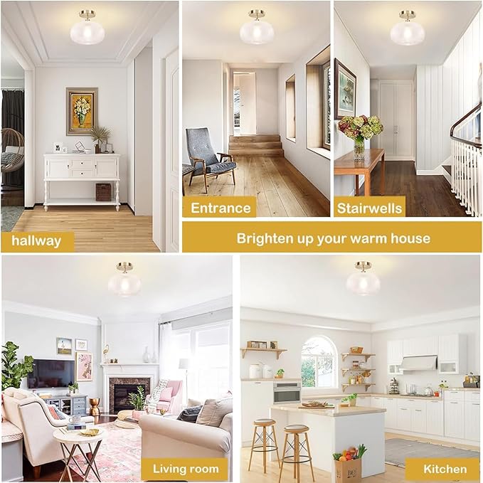 Semi Flush Mount Ceiling Light Fixture,Hallway Light Fixtures,Bathroom Light Fixtures,Gold Lighting Fixture,Globe Glass Light Fixture,Closet Light Fixture,Vintage Ceiling Lamp for Bedroom Kitchen