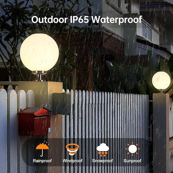 Solar Post Cap Lights, 15.7" Outdoor Fence Pedestal Globe Post Lamp Stainless Steel IP65 Waterproof External Column Lights, Vintage LED dimmable Pillar Lights for Farmhouse Lawn Road Driveway