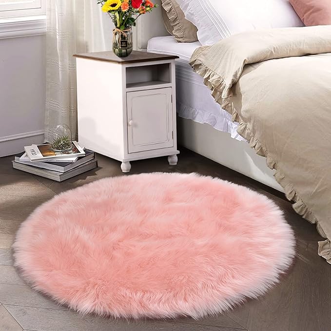 Latepis Fluffy Pink Round Rugs 6ft Circle Rug for Living Room Washable Faux Fur Fluffy Sheepskin Rug for Bedroom Playroom Plush Shag Rugs,Rectangle