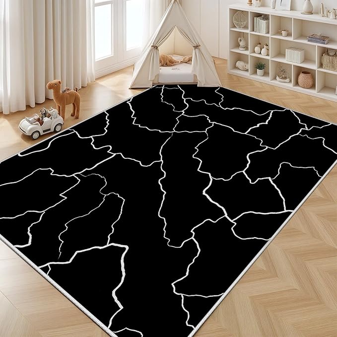 Abstract Rugs for Living Room - Modern Washable Area Rug, 6x8 Abstract Black and White Rug, Minimalist Rugs,Carpet Non Slip Home Decor