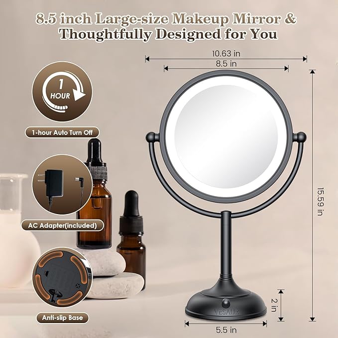 VESAUR Professional 8.5" Lighted Makeup Mirror, 1X/10X Double Sided HD Undistorted Magnifying Mirror with 3 Color 90 Dimmable LED lights, 360° Rotation Vanity Mirror, Unique Black Nickel with Gift Box