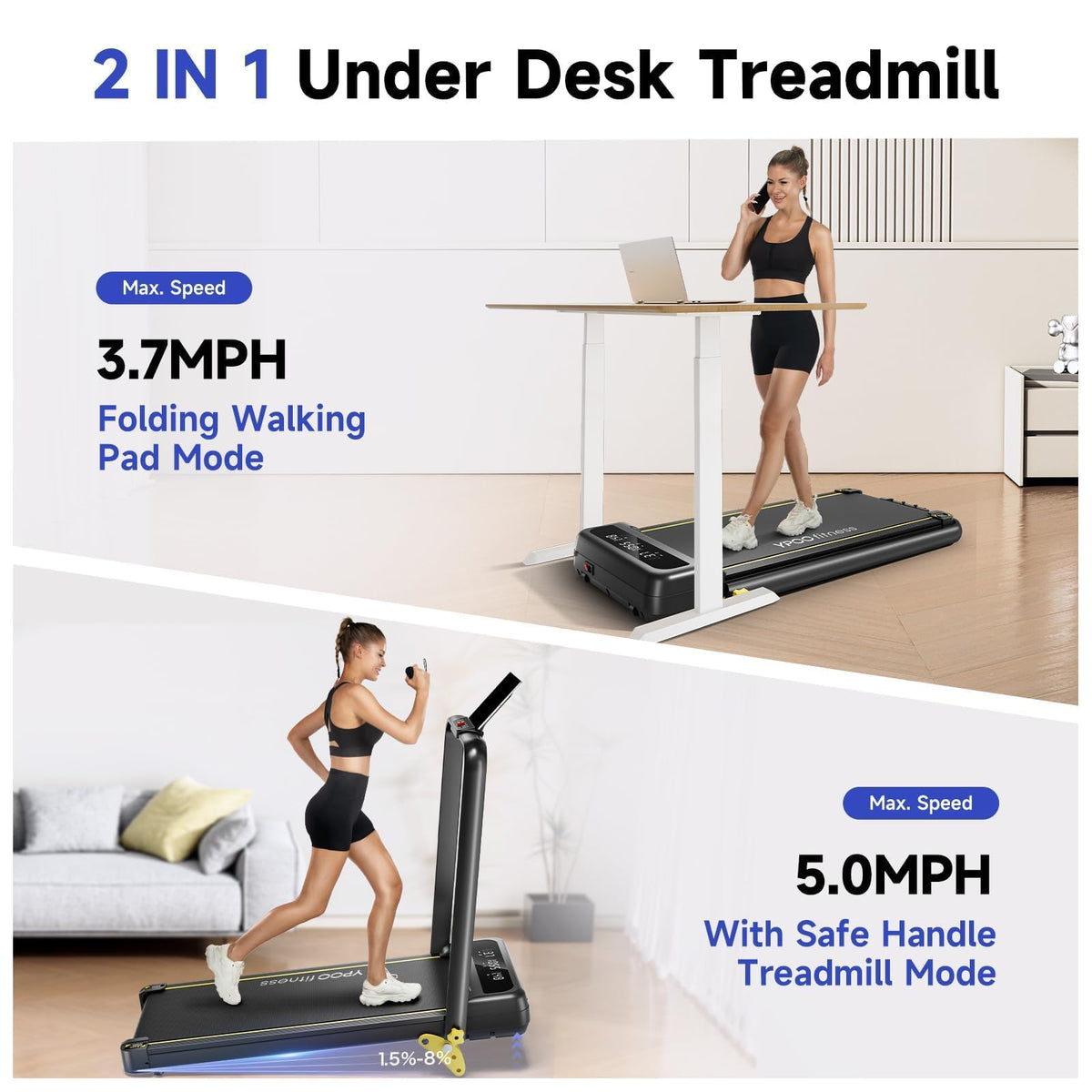 YPOO Foldable Treadmill with Incline, Walking Pad with Handle Bar 3 Level Incline, Portable Folding Treadmills for Home/Office 300 Lbs Capacity, Quiet Desk Treadmill with Remote Control & APP