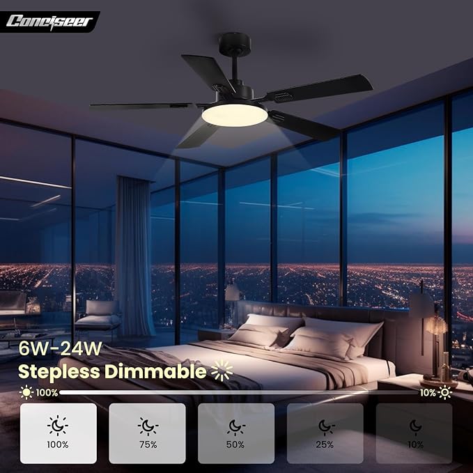 52 Inch Ceiling Fans with Lights and Remote for Bedroom Living Room Kitchen Office, Indoor/Outdoor Use, 5CCT Dimmable, 5 Blades 6 Speed Reversible Quiet DC Motor, Black/Wood Grain, 2 Pack