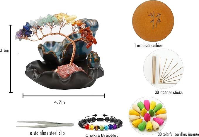 Chakras Backflow Incense Burner, Crystal Tree Incense Waterfall Fountain, Cone Incense Holde, Living Room Shelf Aesthetic Decor