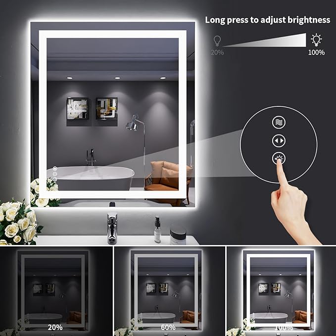 LOAAO 32"X36" LED Bathroom Mirror with Lights, Anti-Fog, Dimmable, Backlit + Front Lit, Lighted Bathroom Vanity Mirror for Wall, Memory Function, Tempered Glass, ETL Listed