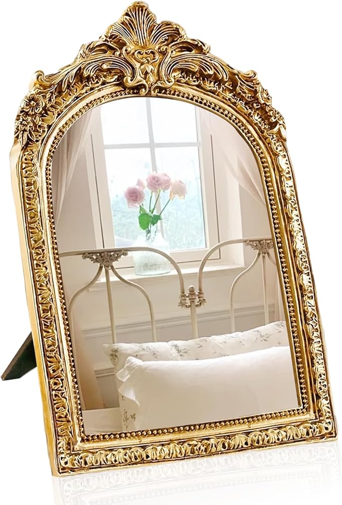 YUSONG Vintage Makeup Desk Mirror - 7" Gold Antique Mirror for Tabletop Resin Frame Decorative Wall Art for Living Room, Bedroom Decor, Vanity Table