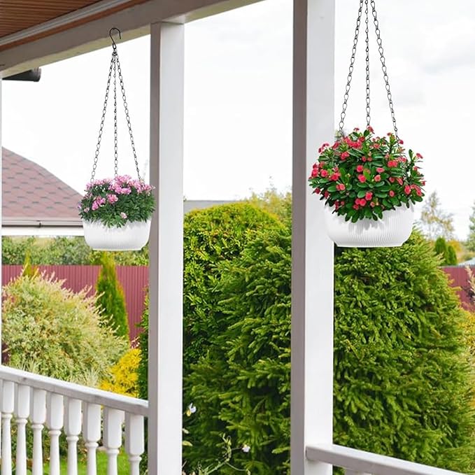 Set of 2 White 8.8 Inch Hanging Planters for Indoor Outdoor Plants, Self Watering Hanging Baskets Flower Pots with Drainage Hole & Plug