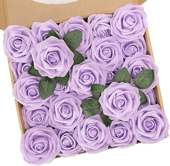 N&T NIETING Purple Artificial Flowers, 25pcs Artificial Flowers Bulk Fake Flowers Roses with Stem for DIY Wedding Bridal Bouquet Baby Shower Home Decoration, Lavender