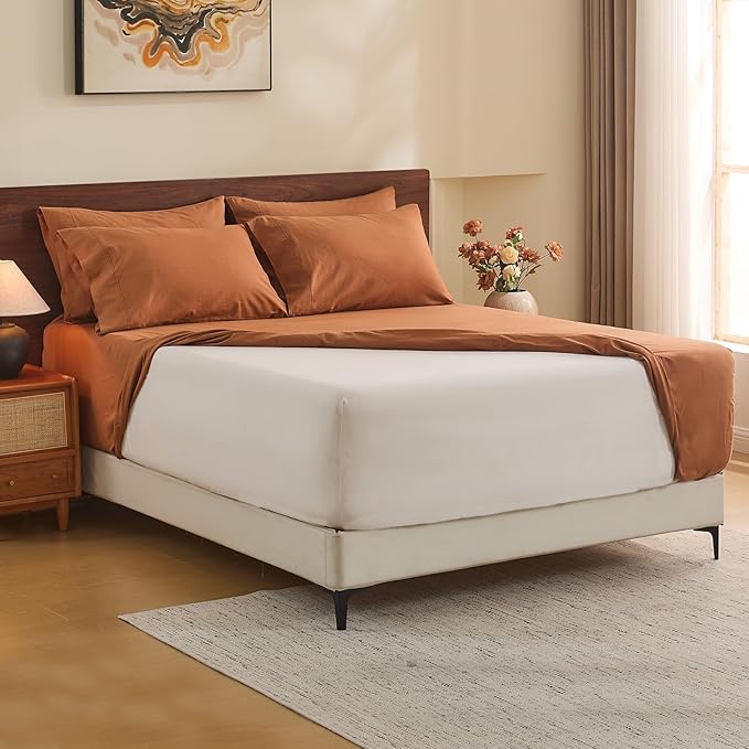MEISHANG 100% French Pure Linen Sheets King Size - Bed Sheets 4 Piece Sets, Soft Durable Flax Linen, Anti-Tear Breathable Oeko-Tex Certified with 16" Deep Pocket (Brown)