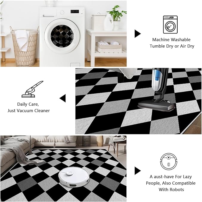 Black and White Rug 7x10, Rhombus Geometric Soft Ultra Soft Faux Wool Low Pile Rug, Indoor Floor Mats Carpet, Non-Slip Stain Resistant Washable Rugs, Modern Abstract Checkered Rugs for Living Room
