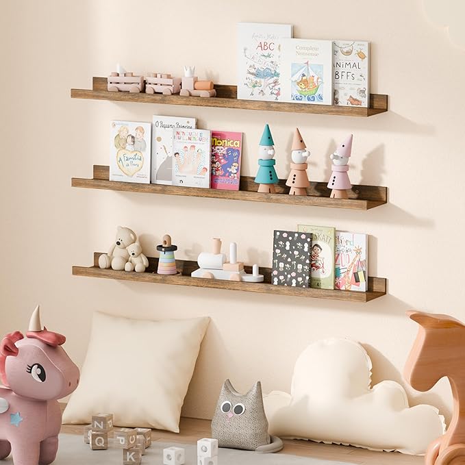 upsimples Floating Shelves for Wall, 35.5 Inch Shelves for Decor Storage Set of 6, Wall Mounted Wood Shelf for Bedroom, Living Room, Bathroom, Kitchen, Long Picture Ledge Shelves, Brown