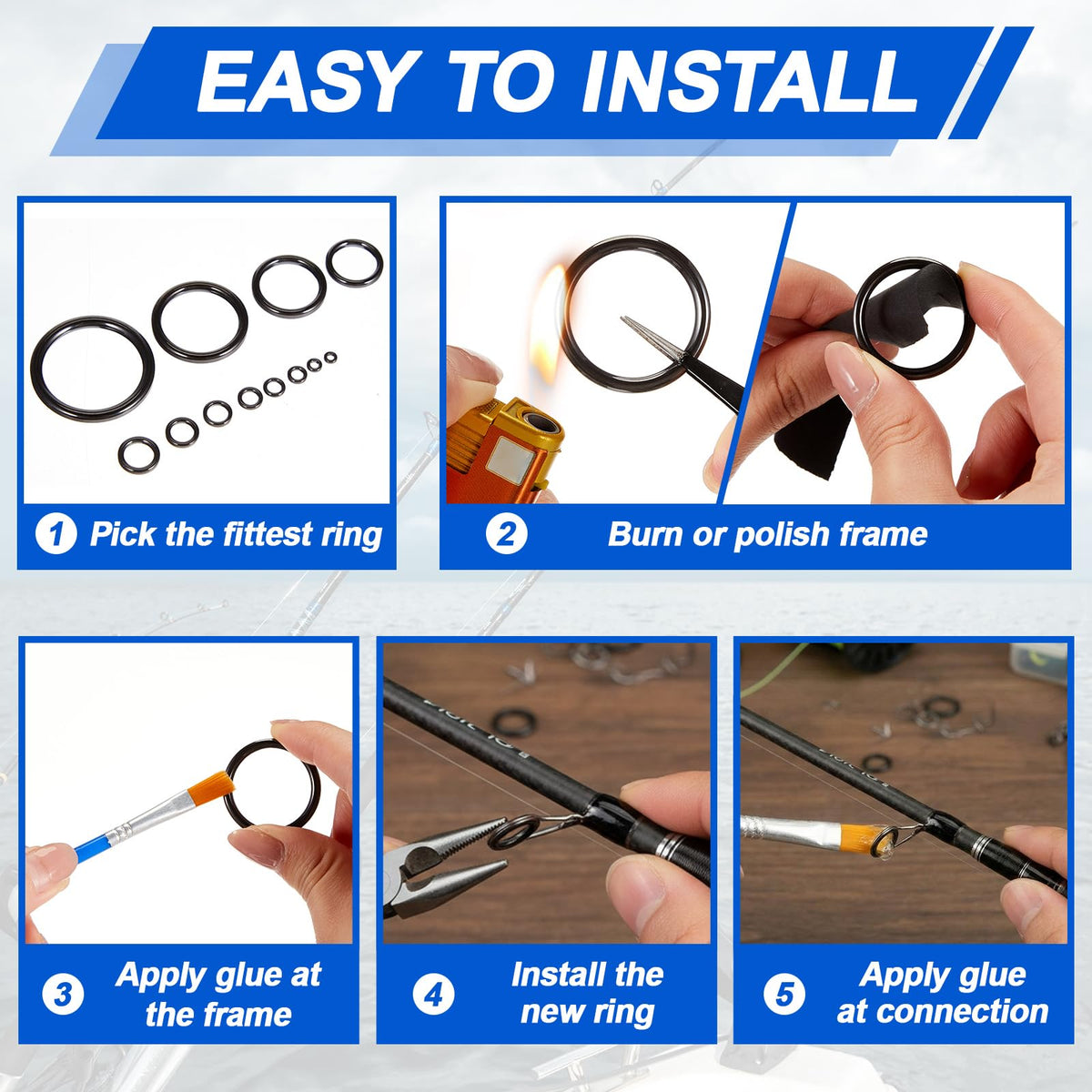 VercanMonth 78 Pcs Rod Tip Repair Kit Fishing Rod Eyelet Repair Kit Includes 12 Sizes Fishing Pole Ceramic Guides Rings Replacement Glue Brushes and Measuring Cups