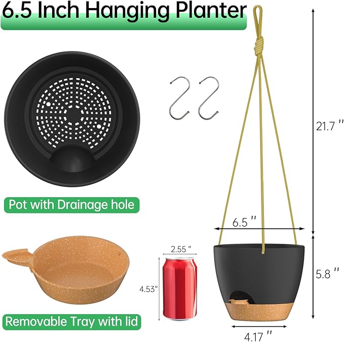 ZMTECH 6.5 Inch Hanging Planters for Indoor Outdoor Plants, 2 Pack Self Watering Hanging Plant Pots with Drainage Holes and Removable Saucer, Plastic Flower Hanging Pots with Watering Lip (Black)