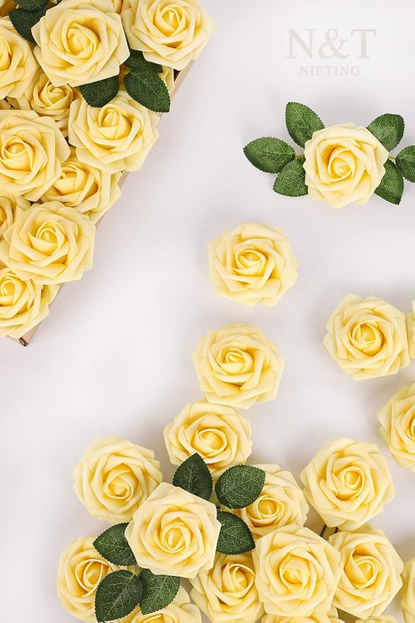 N&T NIETING Artificial Flowers, 25Pcs Fake Flowers Goose Yellow Roses Perfect for DIY Wedding Bouquets Centerpieces Bridal Shower Party Home Flower Arrangement Decorations