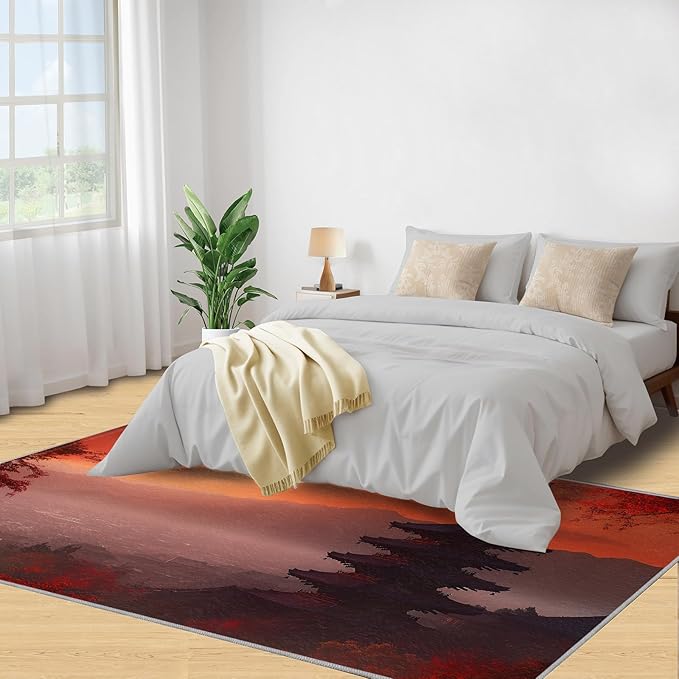 Japanese Style Area Rug 6x9 Washable Rug Red Maple Leaves Rugs for Living Room Sunset Scene Non Slip Carpet Floral Print Mat Bedroom Bathroom
