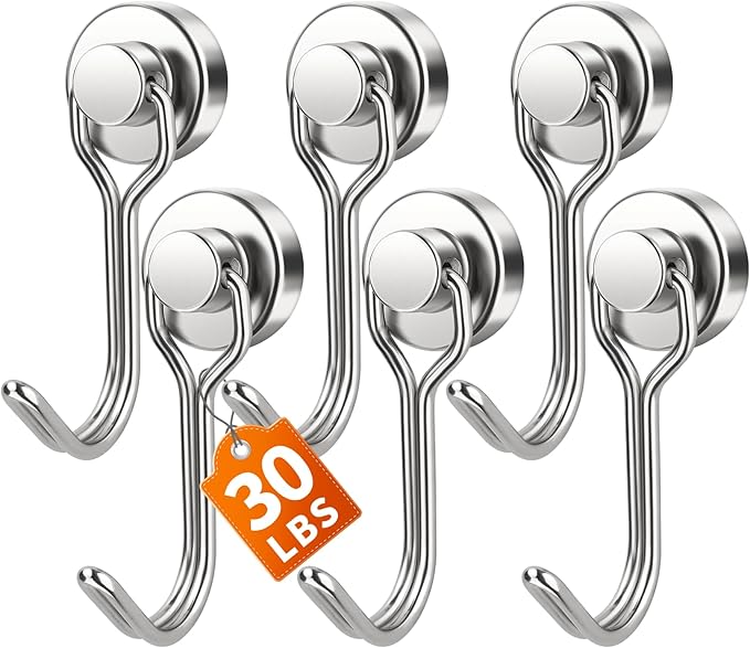 FINDMAG Magnetic Hooks, 30lbs+ Strong Magnetic Hooks for Refrigerator, 2026 Cruise Ship Essentials, Magnet Hooks Heavy Duty for Kitchen, Home, Classroom, Whiteboard, Beach Vacation (6 Pack, Silver)