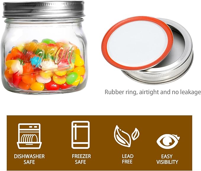 6PCS Wide Mouth Mason Jars 16oz with Airtight Lids and Bands, Canning Jars with Crystal Glass for Food Storage, Spice Jars, Canning, DIY Projects, Jam, Jelly, Honey, Preserving, Drinking