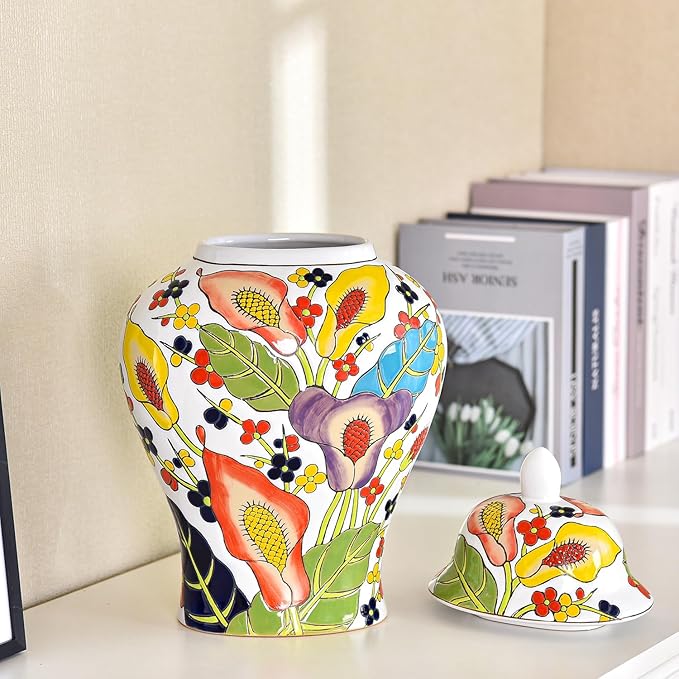 Sungmor Decorative Ceramic Ginger Jar with Lid, Floral Pattern Porcelain Temple Storage Jar, 14" Hand Painted Ceramic Flower Vase for Centerpiece, White Glazed Vase for Flower Arrangement, Home Decor