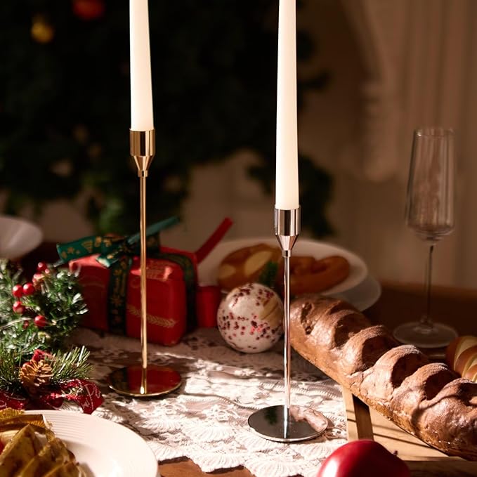 Solid Taper Candle Holders Set of 15 Bulk, Champagne Gold Long Skinny Candlestick (Heights: 9/11/13 Inch), Heavy Iron Anti-Slip Base for Fireplace Mantle Table Centerpiece Christmas Decor