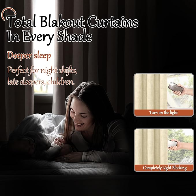 Lajode Linen Blackout Curtains 54 Inch Length 2 Panels for Bedroom, Thermal Insulated Total Light Blocking Noise Reducing Window Curtains for Farmhouse, Bronze Grommet, Cream, Each 52" Wide