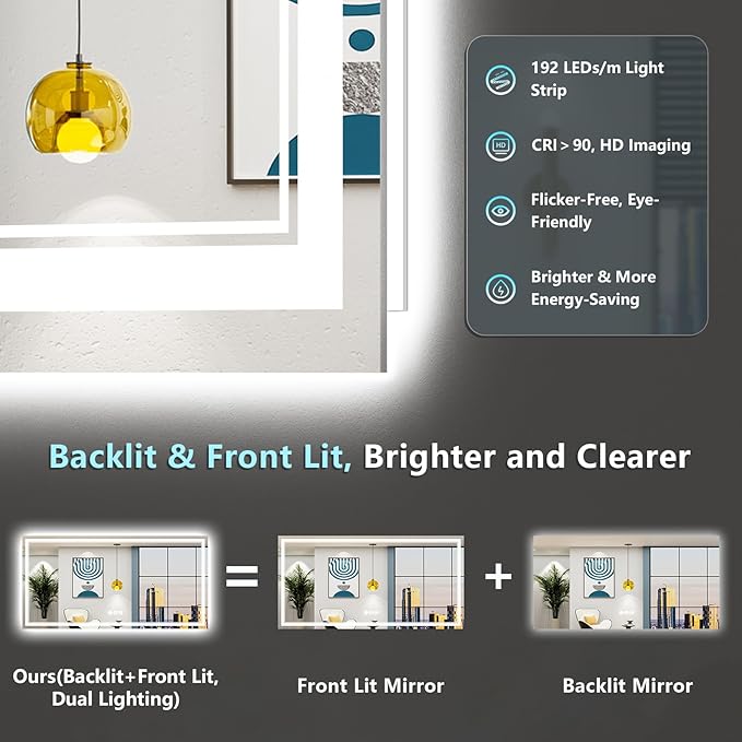 72x36 Inch LED Bathroom Mirror with Lights, Backlit & Front Lit, Anti-Fog Lighted Vanity Mirrors for Bathroom Wall, Dimmable, 3 Color Temperatures, Memory, Shatter-Proof, HD Tempered Glass