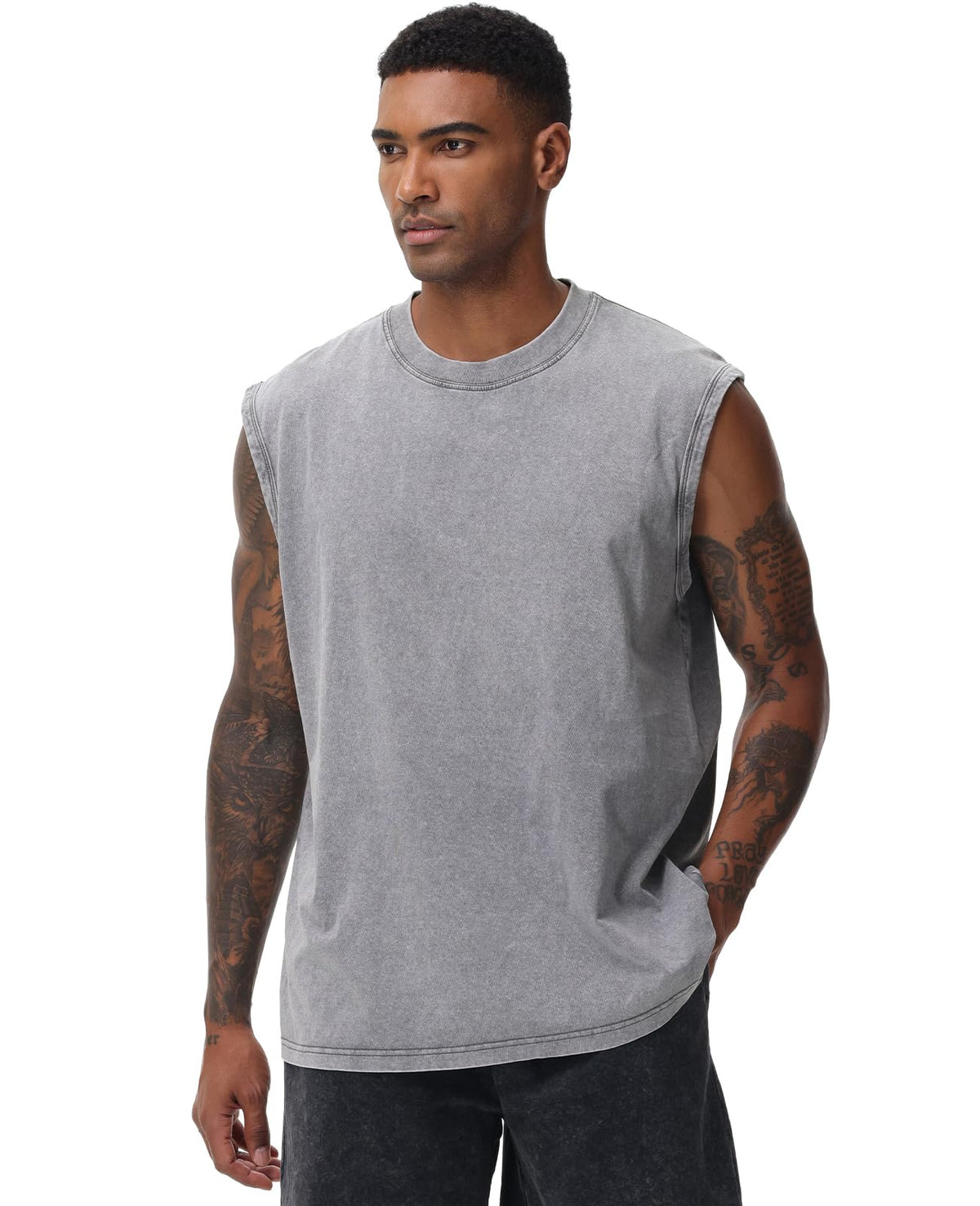 SnowElve 3 Pack Mens Workout Tank Tops Sleeveless Tee Shirts Men Muscle Shirt Gym Acid Wash T Shirts Running Beach Loose Fit Tee(CFGYBK,L)