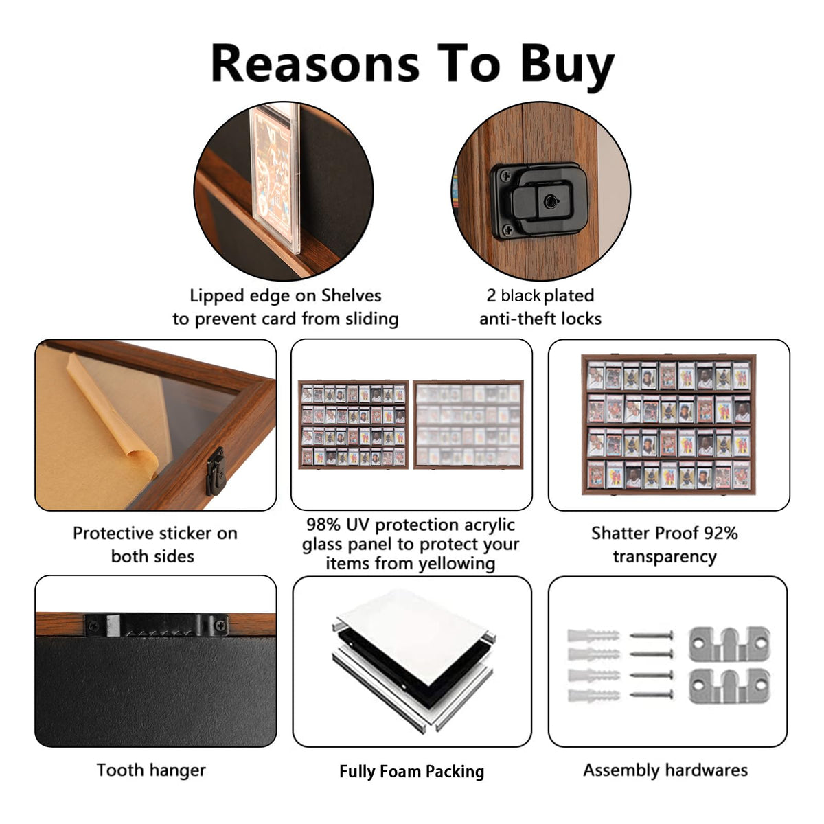 VERANI Baseball Card Display Case - 36 Graded Sports Card Display Frame - Holds Sport Cards with UV Protection Clear View Lockable Wall Cabinet for Football Basketball Hockey Trading Card, Walnut
