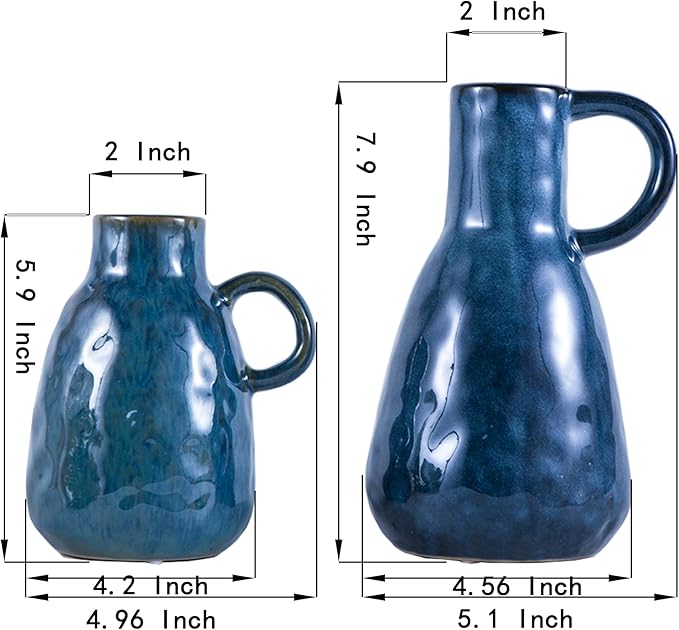 Ceramic Vase Set of 2, Blue Glazed Small Pottery Vases with Handles, Decorative Clay Vase Modern Farmhouse Decor, Centerpiece Dining Table Decorations Porcelain
