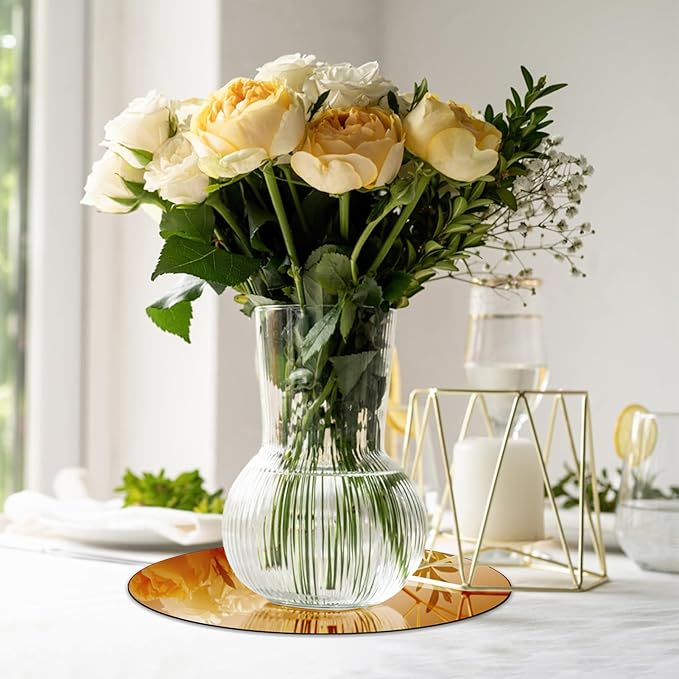 VASUHOME 8" Gold Mirror Centerpieces for Tables, Round Mirror Plates Set for Candle, Wedding, Party Decorations, Circle Mirror Trays with Smooth Edge and Cushioned Feet, 2mm Thick