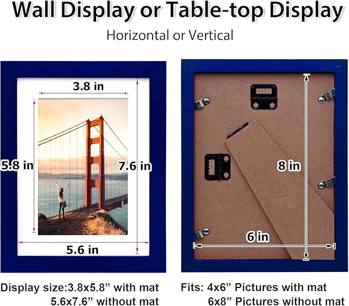 KINLINK 6x8 Picture Frame Navy, Solid Wood Frames with Acrylic Plexiglass for Pictures 4x6 with Mat or 6x8 without Mat, Tabletop and Wall Display Photo Frame, Set of 4