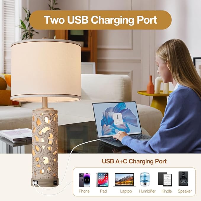 AIDENOEY Set of 2 Table Lamps with Night Light, 28" Farmhouse Table Lamp with USB A+C Ports,White Ceramic Bedside Lamp with Fabric Shade for Living Room,Bedroom,Home,Office(2 Bulbs Included)