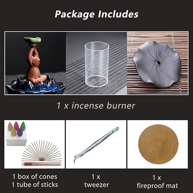 ChangWanna Frog Incense Burner Holder - Ceramic Lotus Incense Holder Ash Catcher, Glass Incense Holder for Sticks, Insence-stick Holder Ornament for Aromatherapy/Yoga/Meditation/Home Room Office Decor