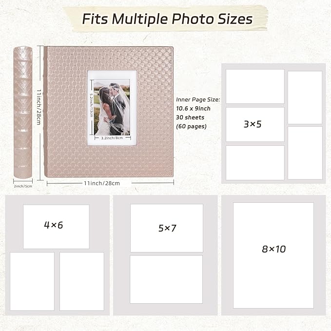 RECUTMS DIY 60 Pages Leather Cover Scrapbook Photo Album 4x6 5x7 8x10,Self Adhesive Photo Album Holds Photos of Any Size Baby Family Wedding Anniversary Albums(Light Champagne)