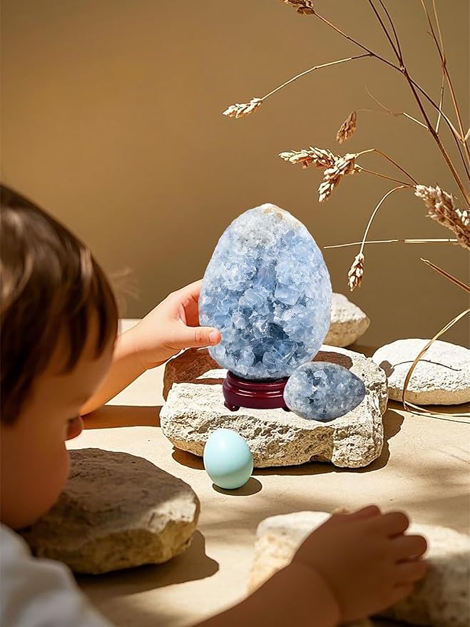 AMOYSTONE Crystal Decorative Easter Eggs 2-2.5" Natural Blue Celestite Egg Sphere Carved for Healing Reiki, Meditation Home Decor, Gardening Decor