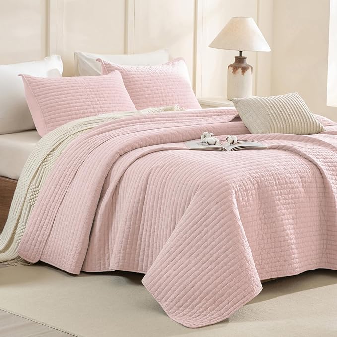 Sanracie Stonewashed Queen Quilt Bedding Set(90"x98"), Cotton Light Pink Crinkle Bedspread Coverlet 3Pcs Ultra Soft Lightweight Breathable Cross Stitch Pattern Bedspread Set for All Season
