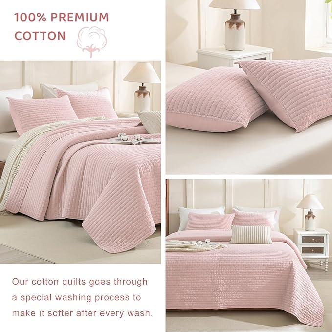 Sanracie Stonewashed Queen Quilt Bedding Set(90"x98"), Cotton Light Pink Crinkle Bedspread Coverlet 3Pcs Ultra Soft Lightweight Breathable Cross Stitch Pattern Bedspread Set for All Season