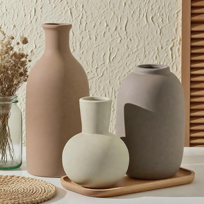 Modern Ceramic Vase Set, Neutral Decorative Vases for Home Decor, Small Flower Pottery Vase Sets for Pampas Grass Dried Flowers, for Happy Birthday Gifts, Self Care Gift